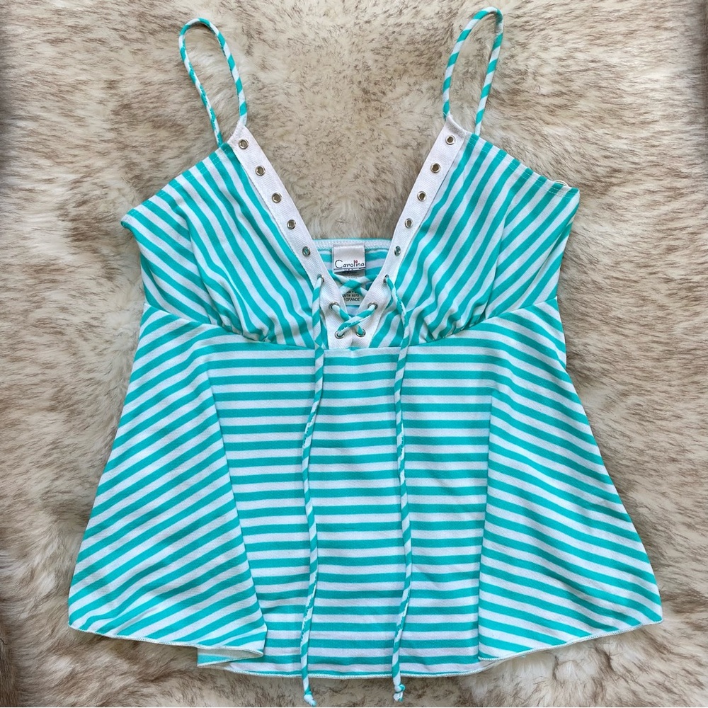 Y2K Teal Striped Grommet Hole Nauticaul Baby Doll Tank Top